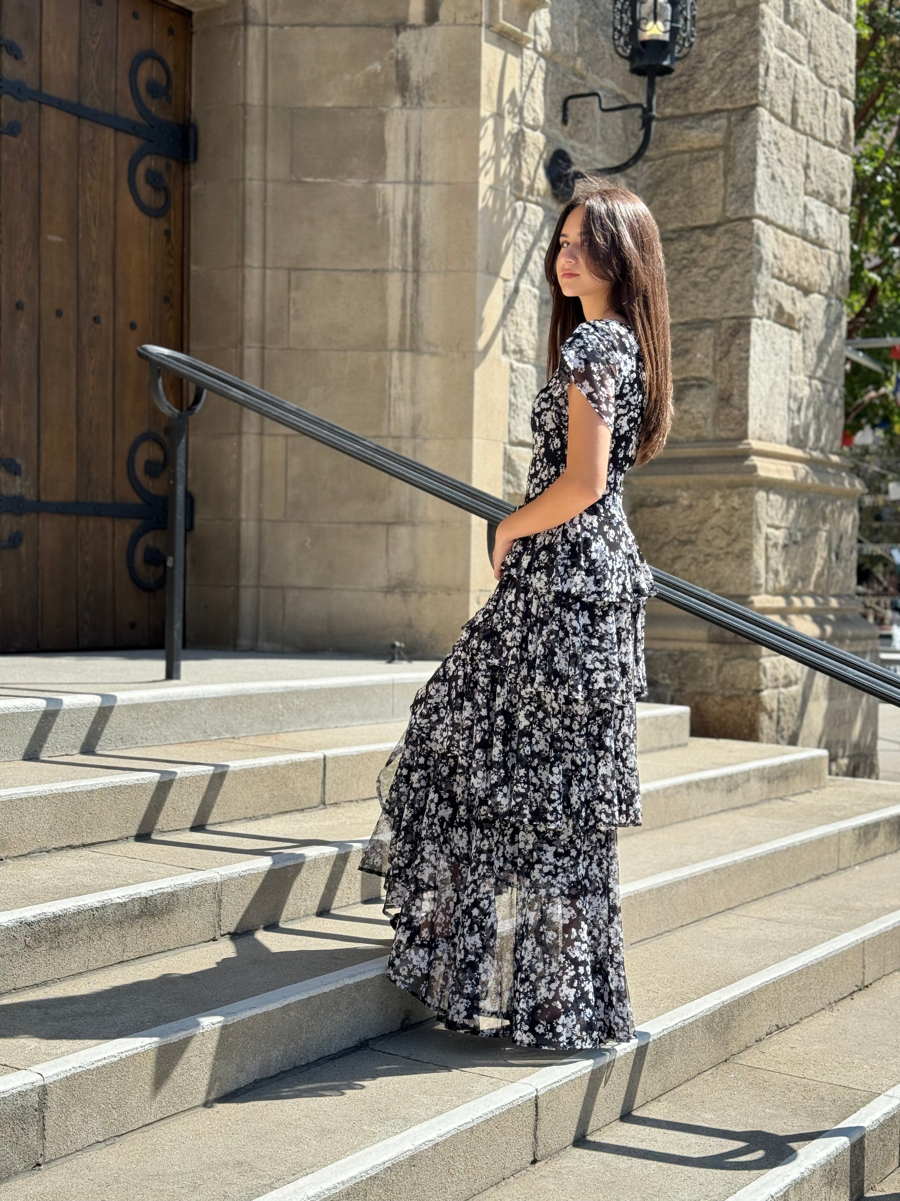 Floral Ruffle maxi dress (black/white) – Azalia's Couture
