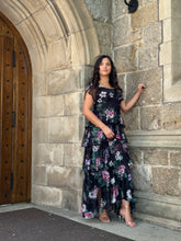 Load image into Gallery viewer, Floral Ruffle maxi dress (black/purple)