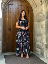 Load image into Gallery viewer, Floral Ruffle maxi dress (black/purple)